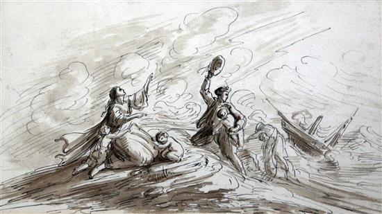 Attributed to John Joseph Barker (fl.1835-1863) Survivors struggling ashore from a shipwreck, 6.25 x 11in.
